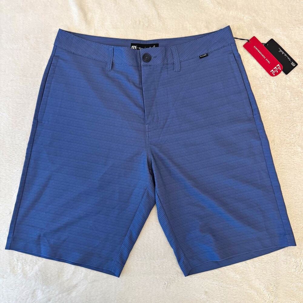 TravisMathew Men's Blue Stripe Chino Shorts Flat Front Stretch Pockets 10"